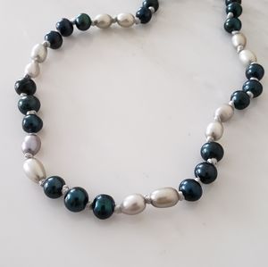 Pearl Necklace Boho Green Silver 18 inch